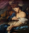 Quadro decorativo detalhado de uma pintura barroca retratando Apolo e Dafne. Apolo, com expressão de desejo, persegue Dafne em meio à sua transformação em árvore de louro, com folhas brotando de suas mãos e corpo. A cena é dramática, com rica paleta de cores e jogo de luz e sombra. Apolo tem um manto azul vibrante.