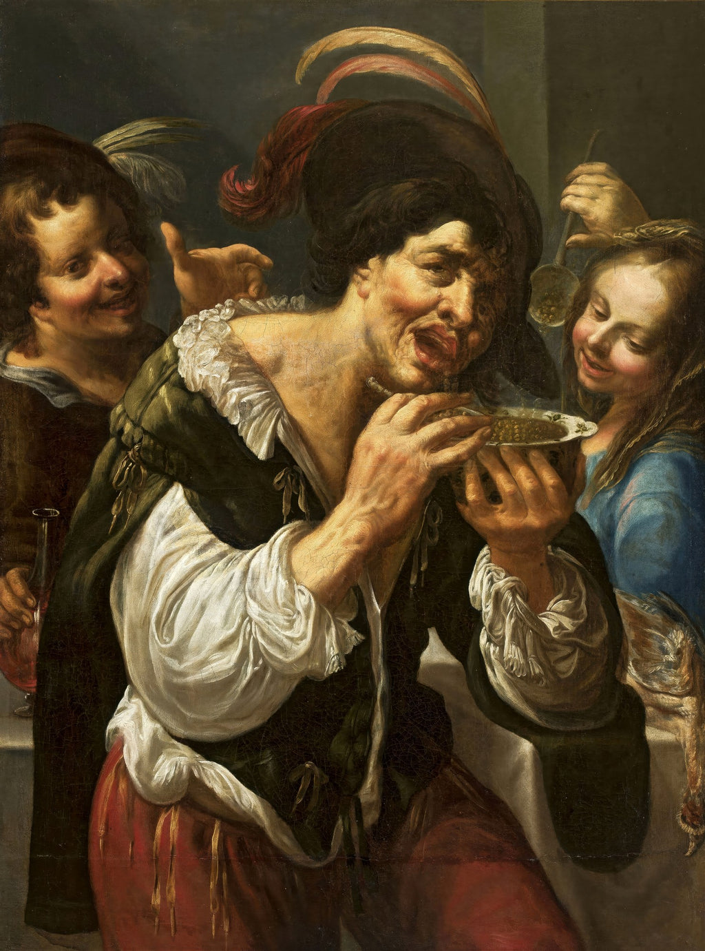 Pintura a óleo de Georges Lallemant, "Georges e a Tigela de Caldo", mostrando um homem com expressão de surpresa ou desconforto segurando uma tigela, enquanto duas figuras sorridentes o observam ao fundo.