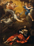 Pintura barroca "A Escada de Jacó" de Luca Giordano, com anjos celestiais subindo e descendo em nuvens douradas sobre um Jacó adormecido no chão.