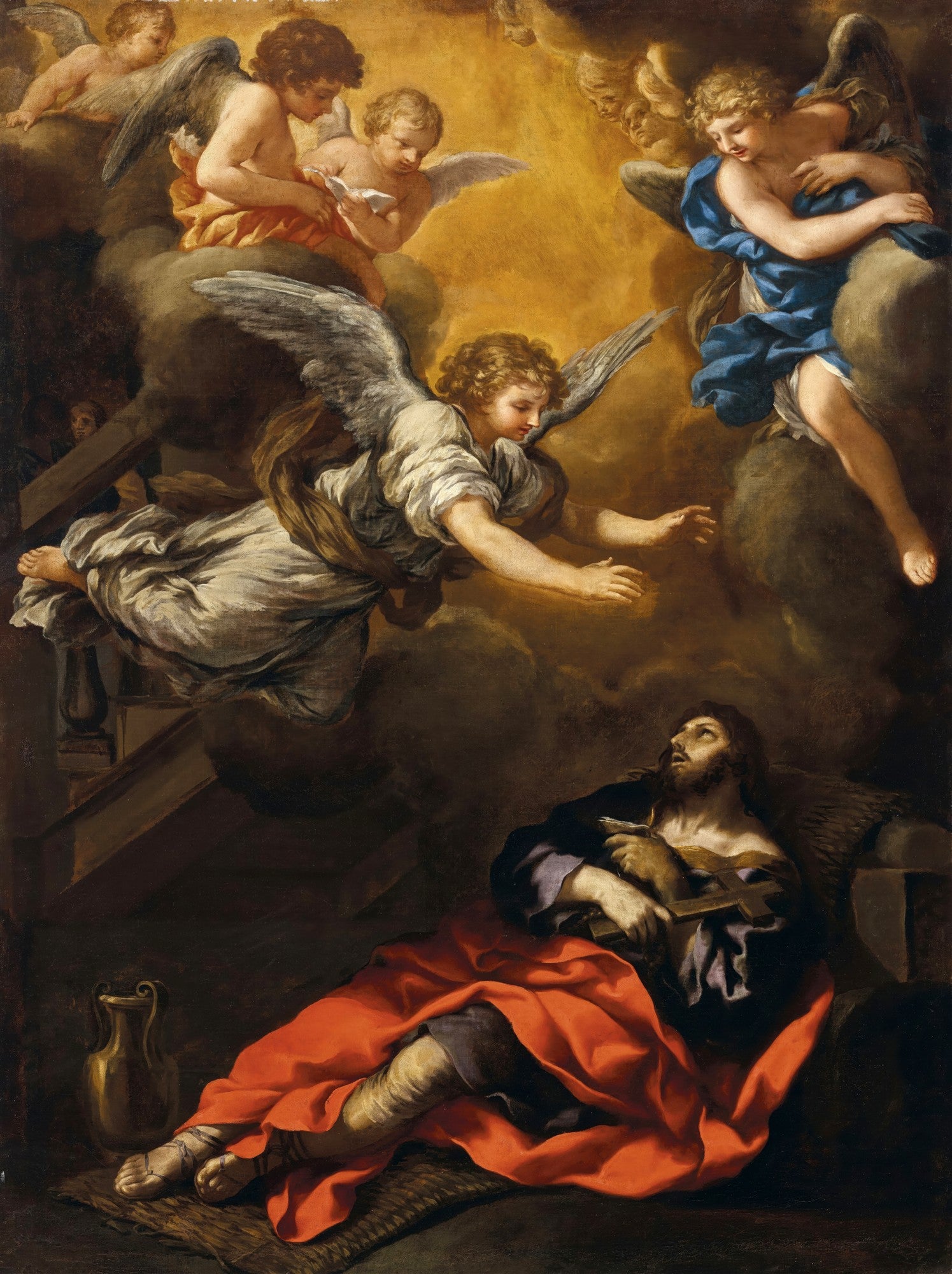 Pintura barroca "A Escada de Jacó" de Luca Giordano, com anjos celestiais subindo e descendo em nuvens douradas sobre um Jacó adormecido no chão.