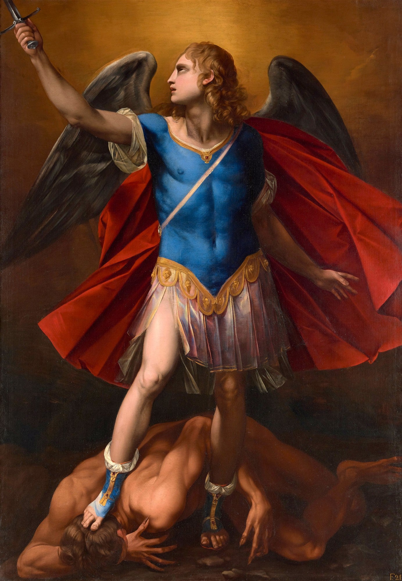 Quadro decorativo 'São Miguel Arcanjo' de Guido Reni, retratando o Arcanjo com asas, túnica azul e manto vermelho, pisando sobre o demônio, com uma espada na mão direita e um olhar determinado para o alto. A iluminação dourada ao fundo cria um efeito divino e dramático, típico do estilo barroco.