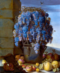 Uma pintura de natureza-morta barroca de Luca Forte, apresentando um balde transbordando de uvas azuis e roxas, cercado por diversas frutas como maçãs, marmelos e romãs. Um pássaro e um inseto aparecem no céu azul ao fundo.