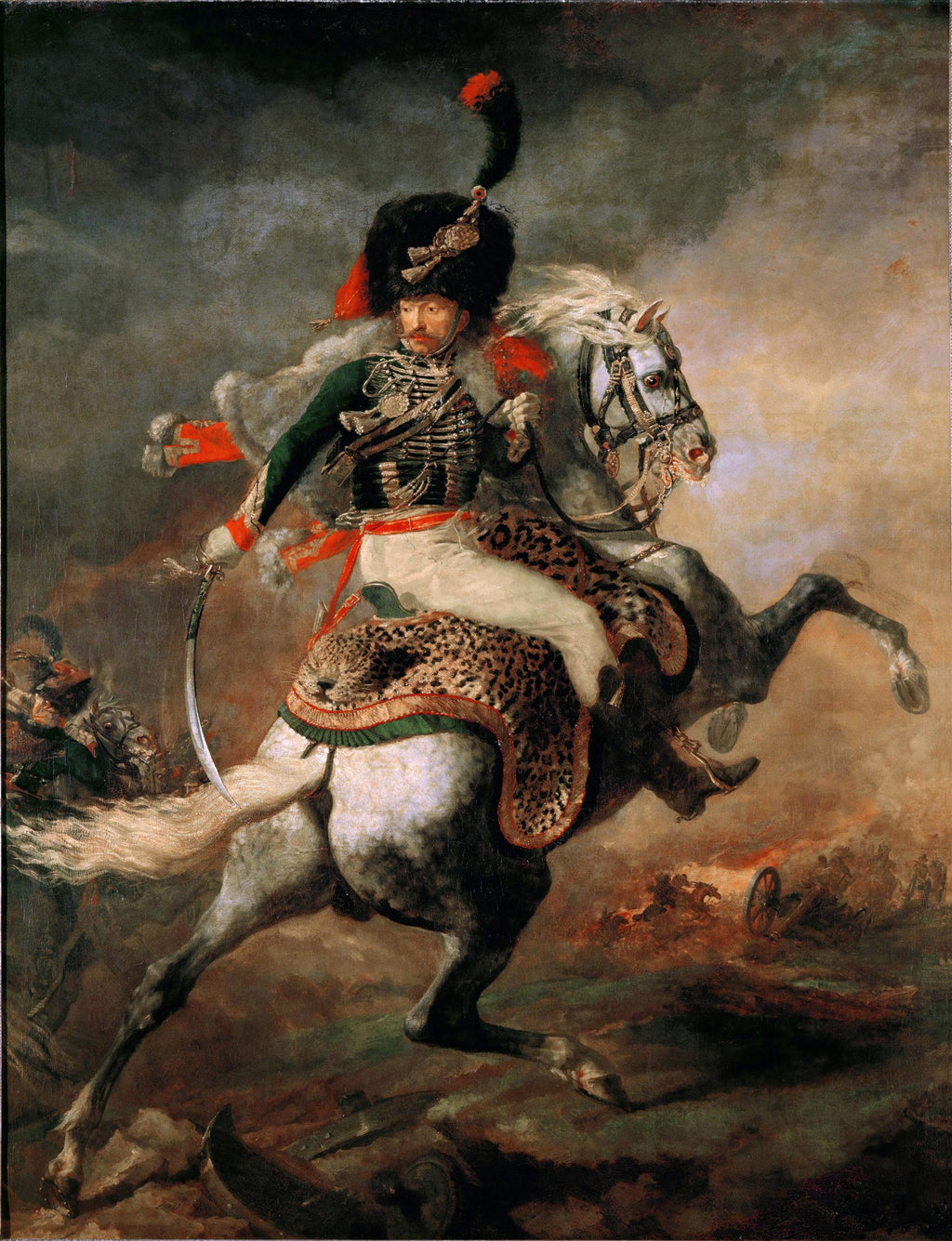 Quadro decorativo com pintura de um oficial de cavalaria francês a cavalo, em plena carga, com espada em riste. O cavalo branco empina, e o oficial usa um chapéu grande e uniforme verde e vermelho. Ao fundo, uma batalha.
