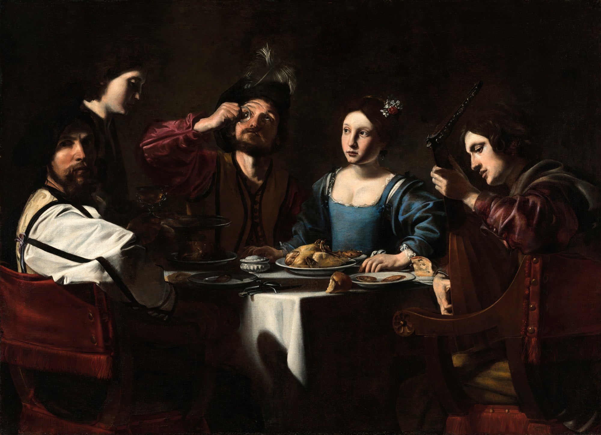 Quadro decorativo "A Ceia de Emaús" de Caravaggio, representando uma cena bíblica com quatro figuras em uma mesa, iluminadas por forte contraste de luz e sombra, com detalhes realistas e dramáticos da pintura barroca.
