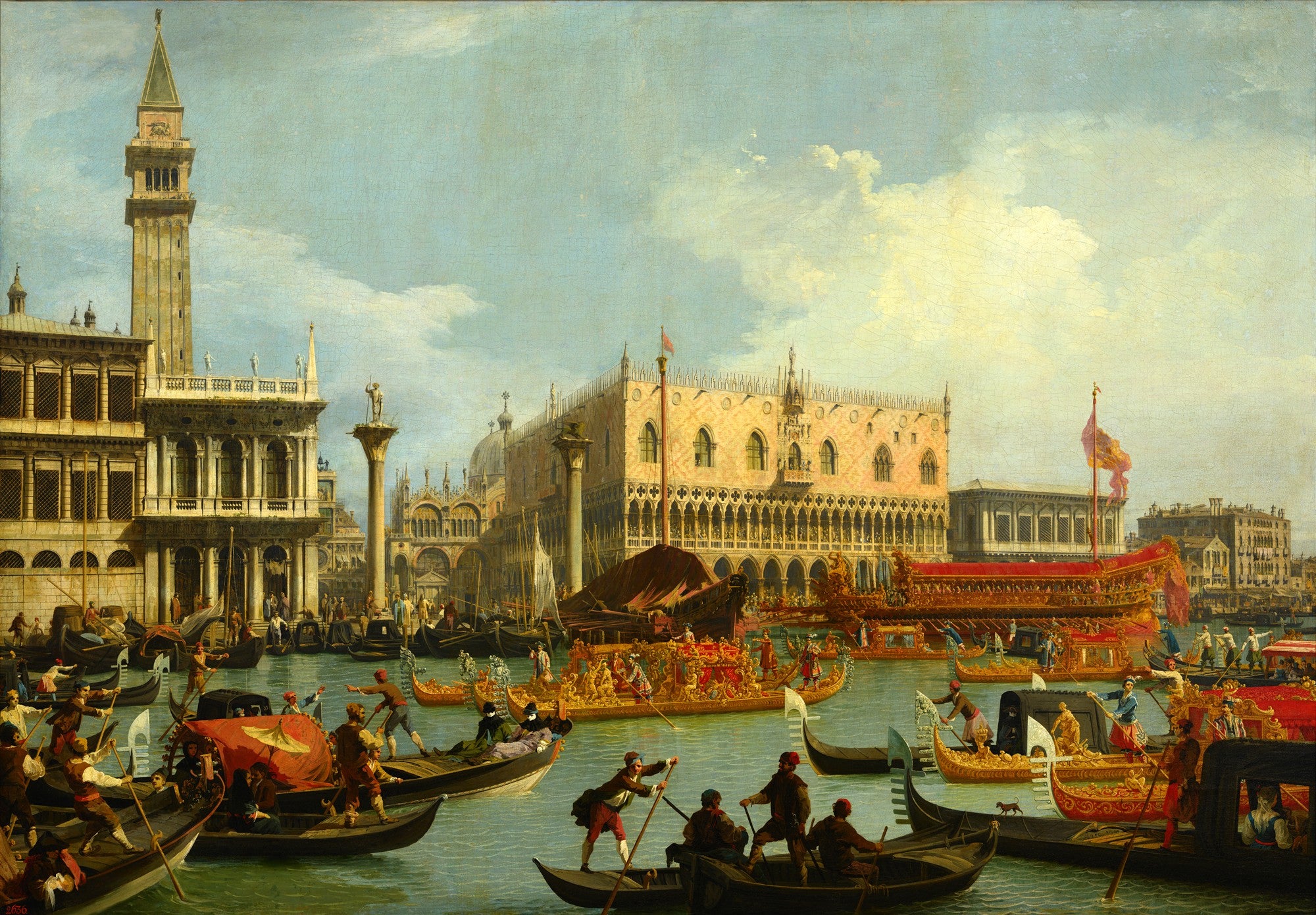 Pintura de Canaletto, 'A Chegada do Embaixador Francês em Veneza', mostrando o Grande Canal com o Palácio Ducal, a Campanile, e diversas gôndolas e barcos em uma celebração festiva com muitas pessoas.