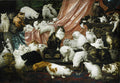 Pintura a óleo de dezenas de gatos de diversas raças e cores em um ambiente opulento, com tecidos de seda e móveis ornamentados. Um gato preto e branco majestoso está em destaque no centro. Obra de Carl Kahler, 'My Wife's Lovers'.