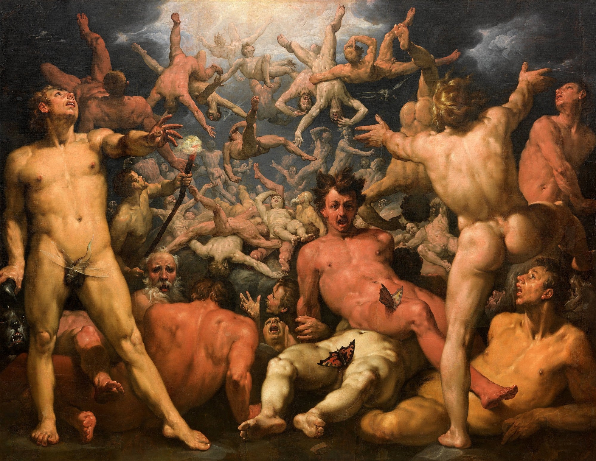 Pintura a óleo de Peter Paul Rubens, 'A Queda dos Anjos Rebeldes', retratando anjos nus caindo em um emaranhado de corpos dramáticos e expressivos, com iluminação contrastante entre luz e escuridão.