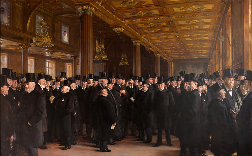 Pintura a óleo de Peder Severin Krøyer, 'A Bolsa de Copenhague', mostrando uma grande sala com teto ornamentado e muitos homens com cartolas em conversação, iluminados por luz dourada.