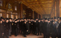 Pintura a óleo de Peder Severin Krøyer, 'A Bolsa de Copenhague', mostrando uma grande sala com teto ornamentado e muitos homens com cartolas em conversação, iluminados por luz dourada.