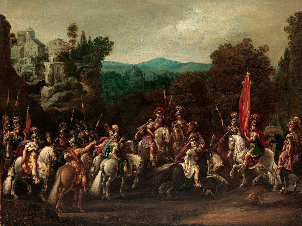 Pintura barroca de Claude Deruet, "A Partida das Amazonas", exibindo um grupo de guerreiras amazonas em cavalos, prontas para a batalha, em uma paisagem montanhosa com arquitetura clássica ao fundo e árvores exuberantes.