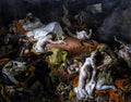 Quadro decorativo detalhado de A Morte de Sardanápalos de Eugène Delacroix, mostrando figuras em uma cama luxuosa e cena caótica com tons escuros e dourados.