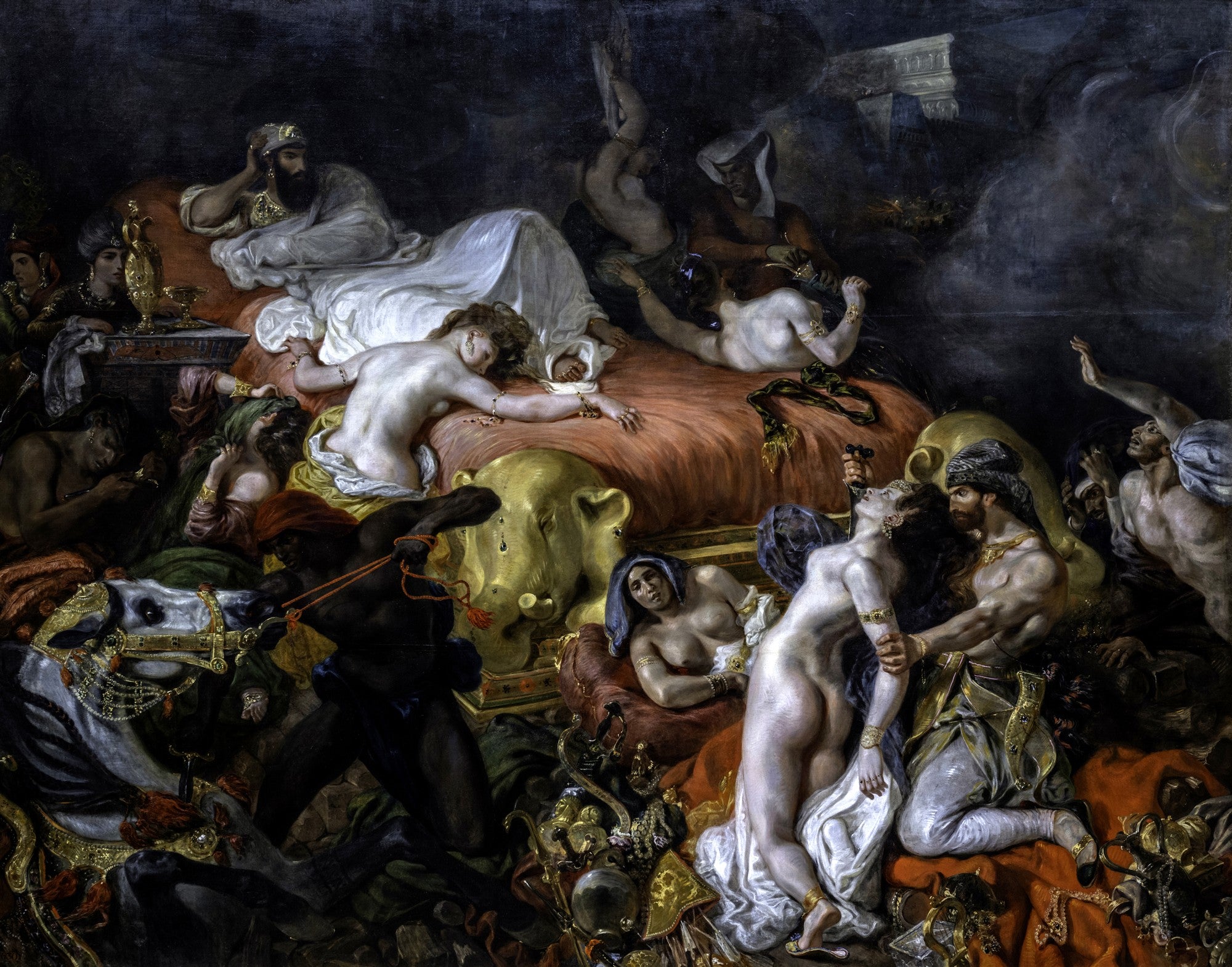 Quadro decorativo detalhado de A Morte de Sardanápalos de Eugène Delacroix, mostrando figuras em uma cama luxuosa e cena caótica com tons escuros e dourados.