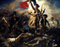 Pintura 'A Liberdade Guiando o Povo' de Eugène Delacroix, mostrando a figura alegórica da Liberdade com a bandeira francesa liderando um grupo de revolucionários sobre corpos caídos, com edifícios em fumaça ao fundo.
