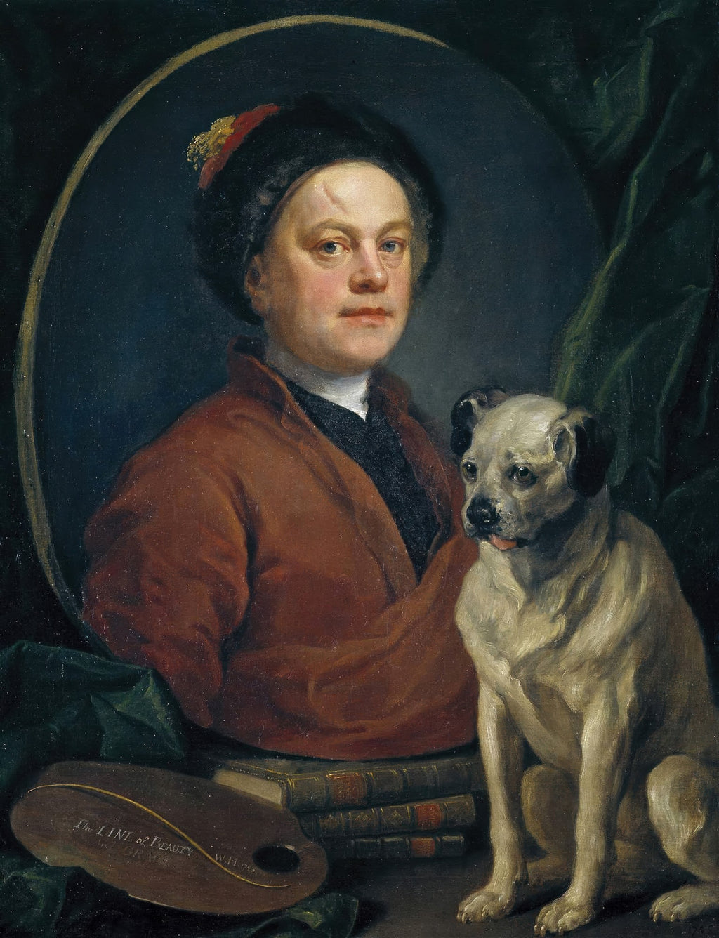 Autorretrato de William Hogarth com seu cão pug Trump, em estilo clássico, com paleta de pintor e livros.