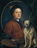 Autorretrato de William Hogarth com seu cão pug Trump, em estilo clássico, com paleta de pintor e livros.