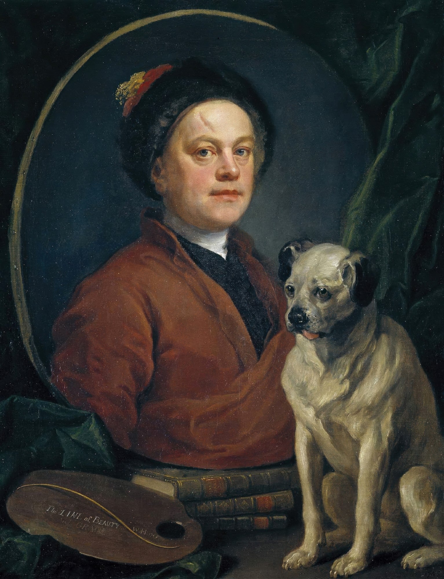Autorretrato de William Hogarth com seu cão pug Trump, em estilo clássico, com paleta de pintor e livros.