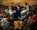 Quadro decorativo 'A Coroação da Virgem' de Annibale Carracci, mostrando Jesus e Deus coroando Maria, cercados por anjos em nuvens.