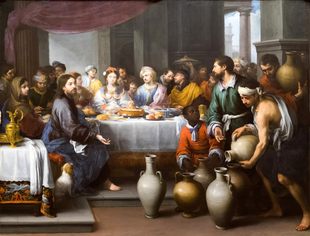 Quadro decorativo detalhado de As Bodas de Caná, de Paolo Veronese, mostrando uma cena bíblica de banquete com Jesus e vários convidados em um ambiente arquitetônico renascentista, com ricos detalhes e cores vibrantes.