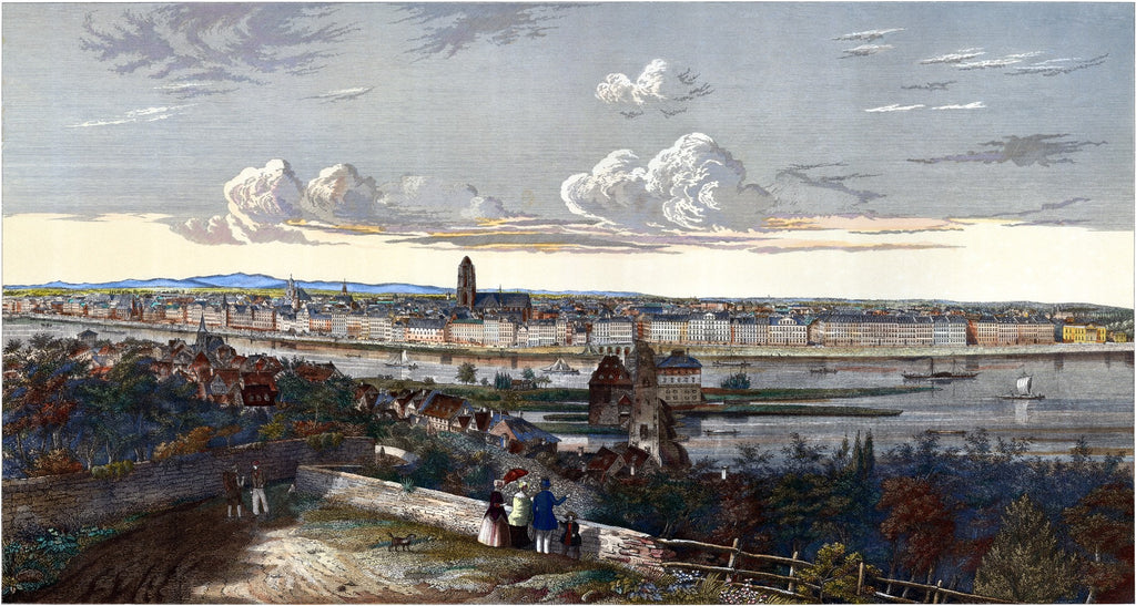 Vista panorâmica da cidade de Frankfurt am Main, Alemanha, com rio em primeiro plano e nuvens no céu, retratada por H. Worms