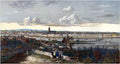 Vista panorâmica da cidade de Frankfurt am Main, Alemanha, com rio em primeiro plano e nuvens no céu, retratada por H. Worms