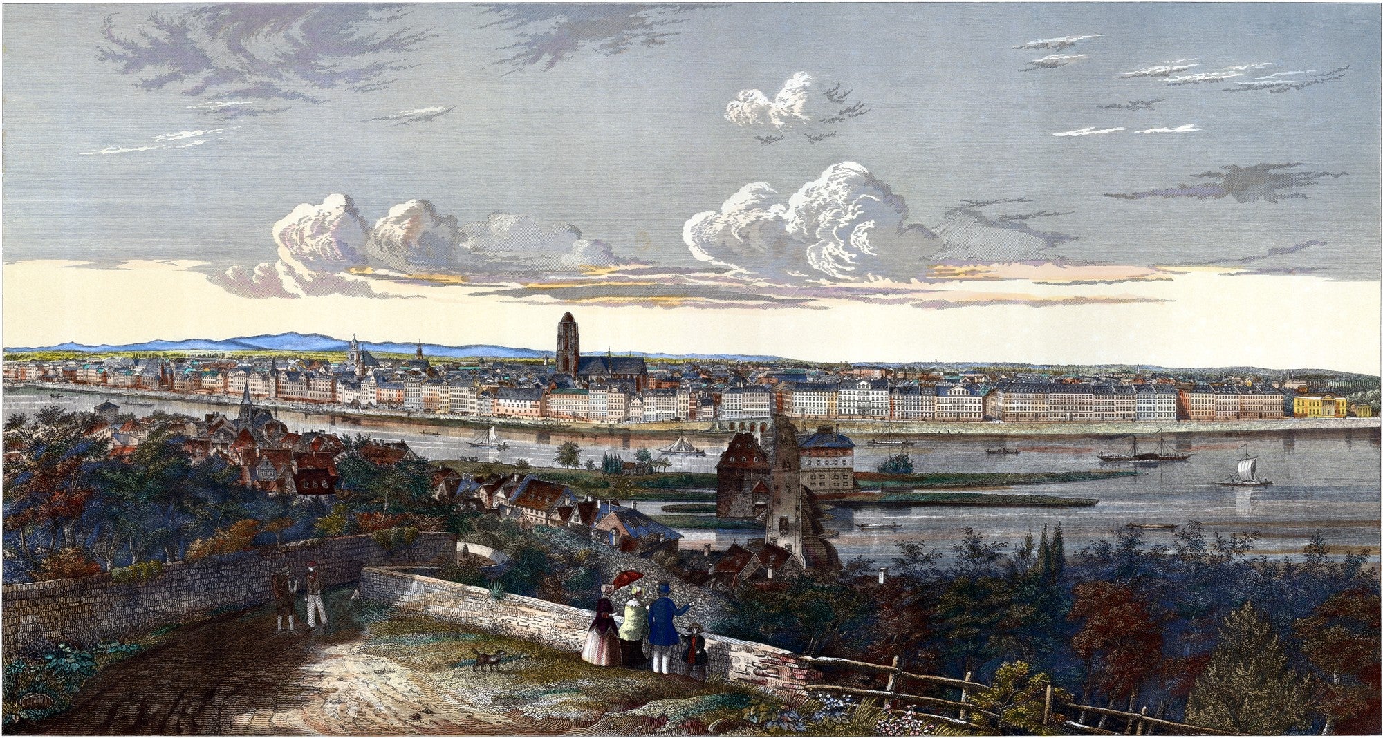 Vista panorâmica da cidade de Frankfurt am Main, Alemanha, com rio em primeiro plano e nuvens no céu, retratada por H. Worms