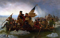 Quadro decorativo "Washington Crossing the Delaware" de Emanuel Leutze, mostrando George Washington de pé em um barco com soldados atravessando um rio congelado com blocos de gelo, sob um céu nublado, com a bandeira americana ao fundo.