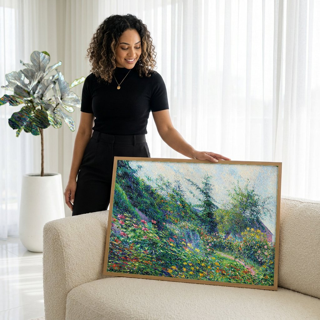 Quadro Decorativo Jardim em Pontoise - Pissarro com modelo em ambiente