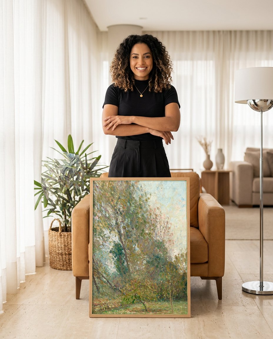 Quadro Decorativo Paisagem de Outono - Pissarro com modelo em ambiente