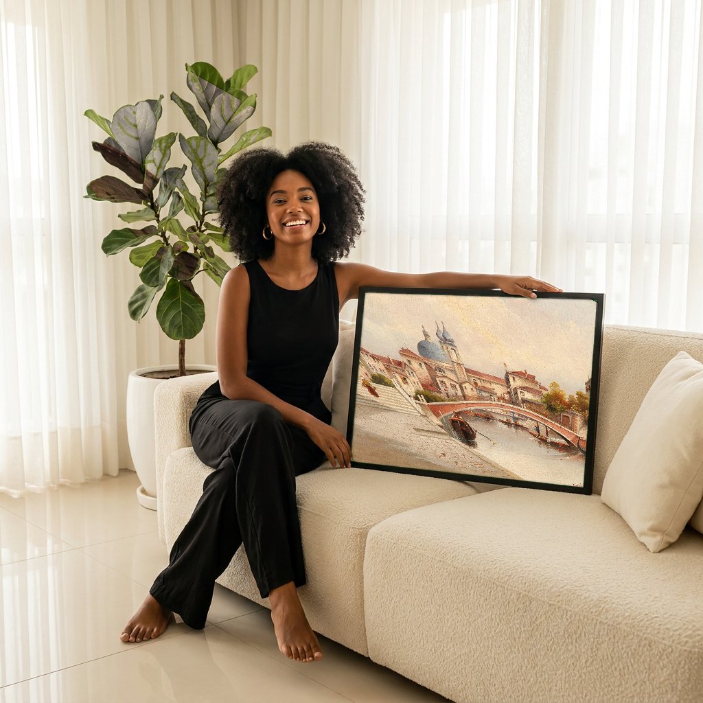 Quadro Decorativo Canal de Veneza com Ponte - Karl Kaufmann com modelo em ambiente