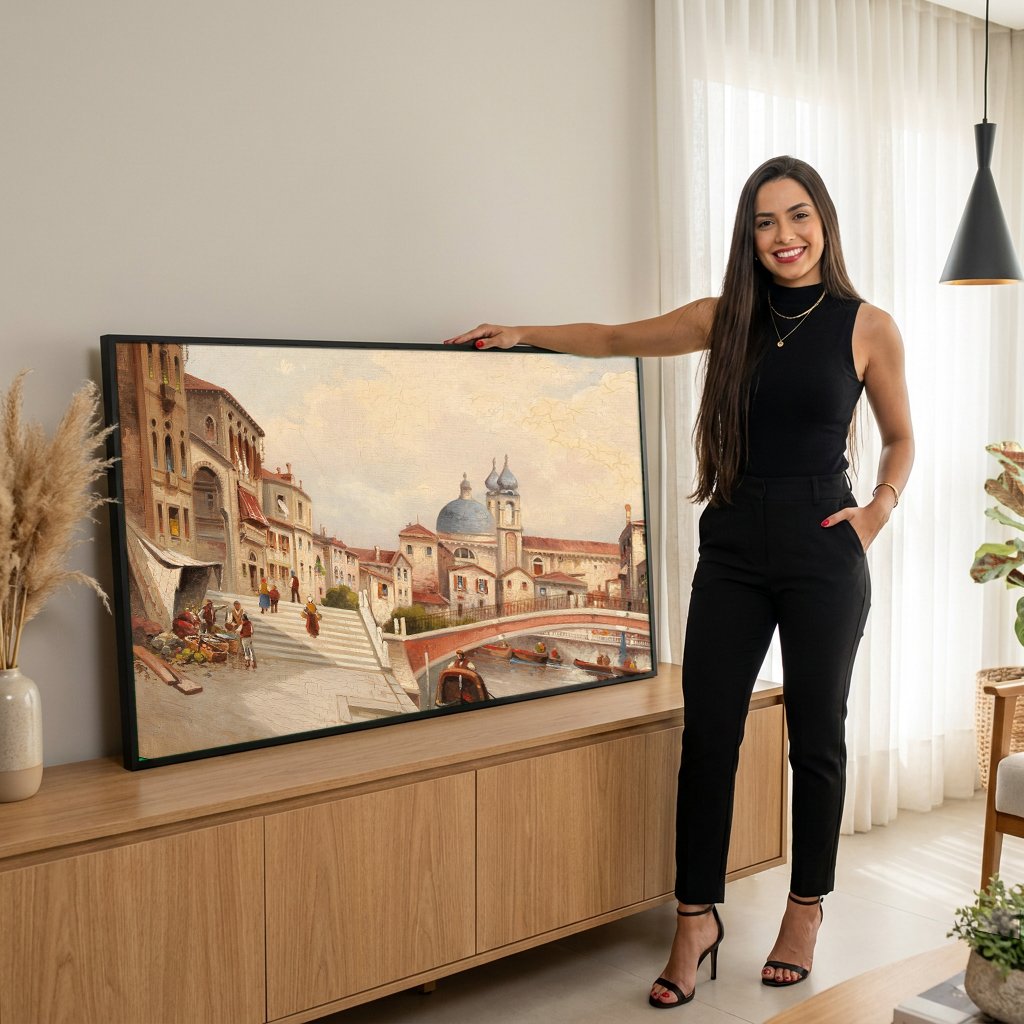 Quadro Decorativo Canal de Veneza com Ponte - Karl Kaufmann com modelo em ambiente