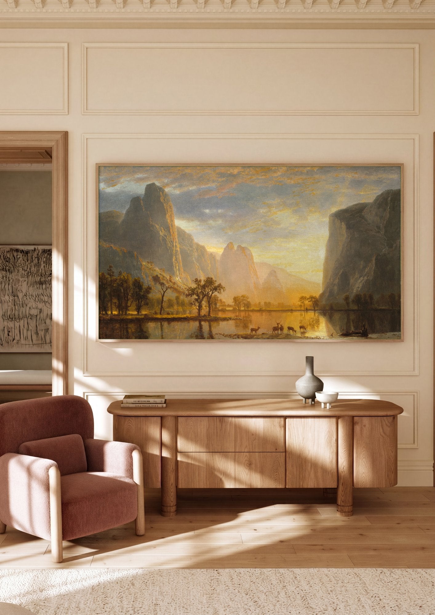 Quadro Decorativo Vale de Yosemite ao Pôr do Sol - Albert Bierstadt em ambiente decorado