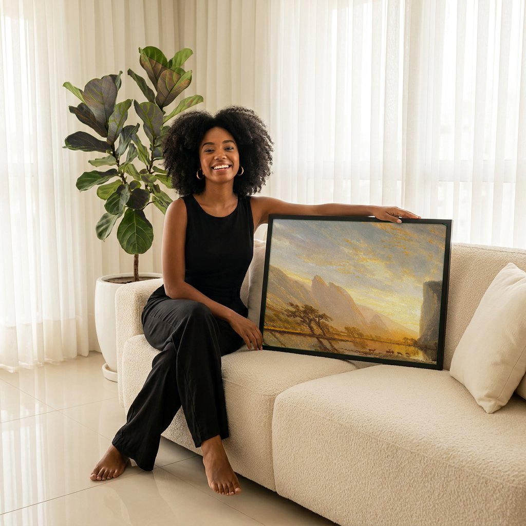 Quadro Decorativo Vale de Yosemite ao Pôr do Sol - Albert Bierstadt com modelo em ambiente