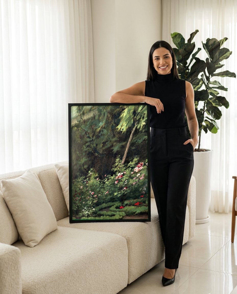 Quadro Decorativo Jardins Floridos em Pontoise - Pissarro com modelo em ambiente