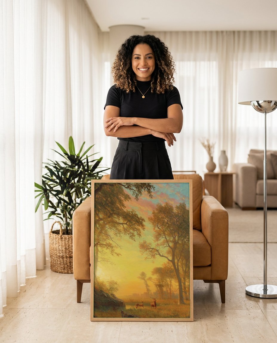 Quadro Decorativo Floresta Dourada ao Pôr do Sol - Albert Bierstadt com modelo em ambiente
