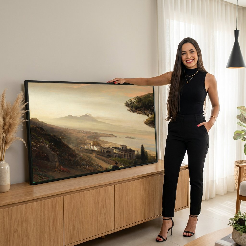 Quadro Decorativo Vista da Baía de Nápoles - Oswald Achenbach com modelo em ambiente