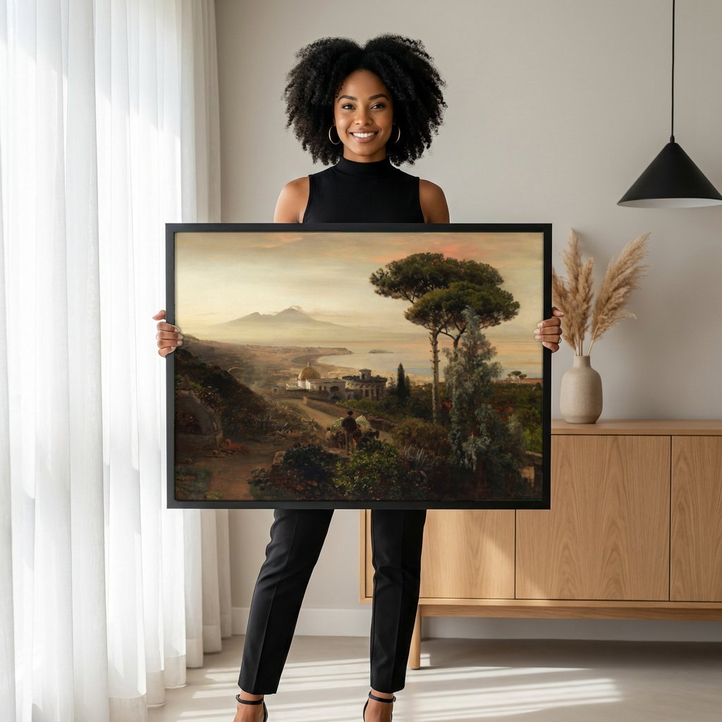 Quadro Decorativo Vista da Baía de Nápoles - Oswald Achenbach com modelo em ambiente