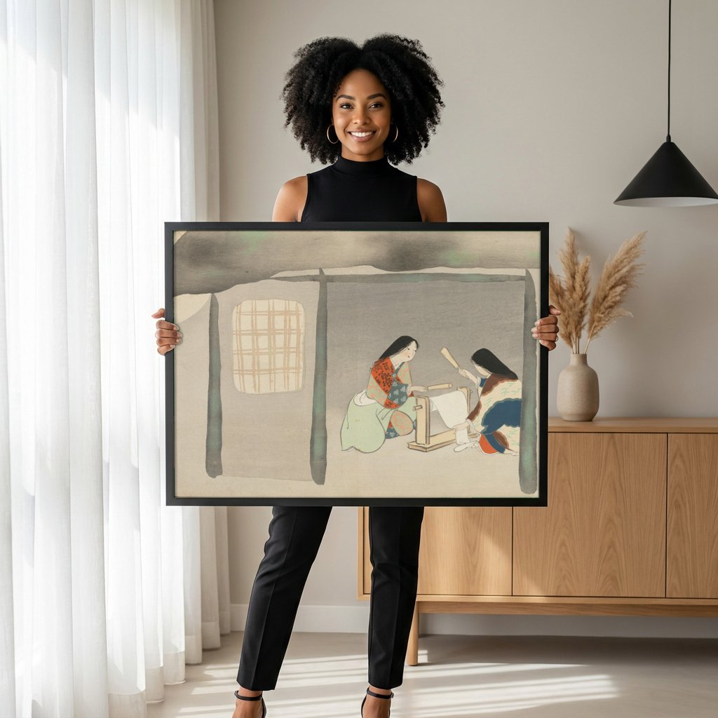 Quadro Decorativo Cenas Domésticas Japonesas - Kamisaka Sekka com modelo em ambiente