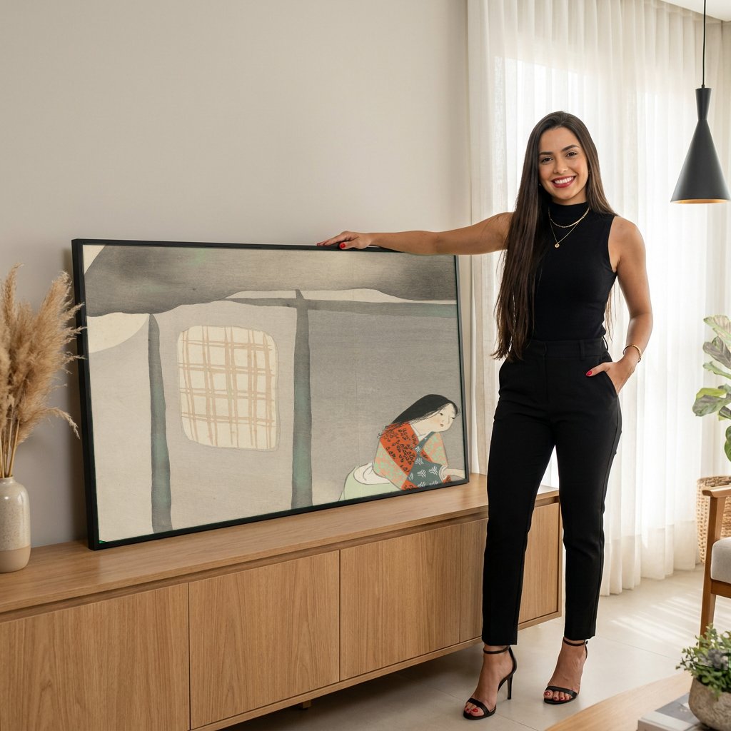 Quadro Decorativo Cenas Domésticas Japonesas - Kamisaka Sekka com modelo em ambiente