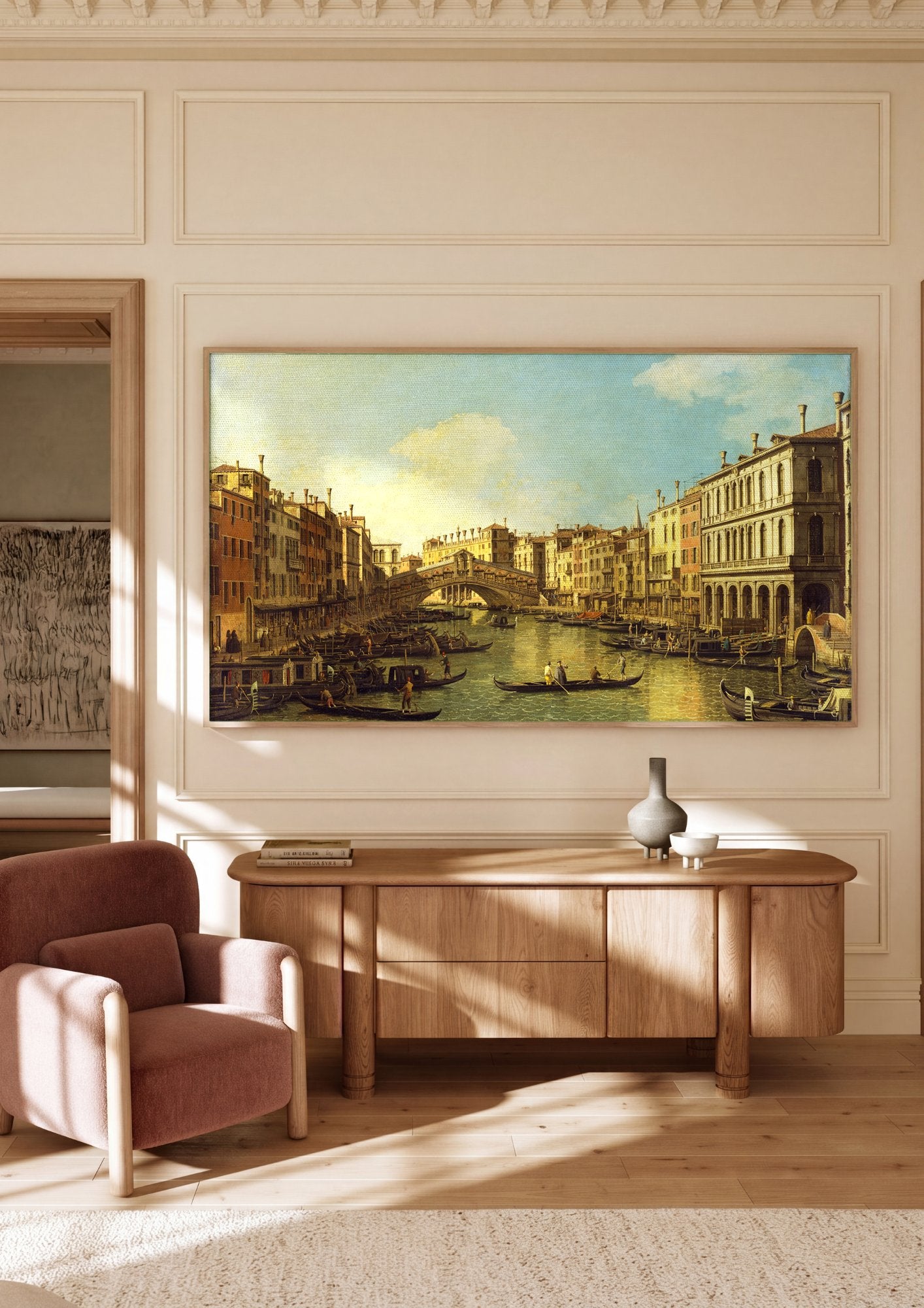 Quadro Decorativo O Grande Canal com Ponte Rialto - Canaletto em ambiente decorado