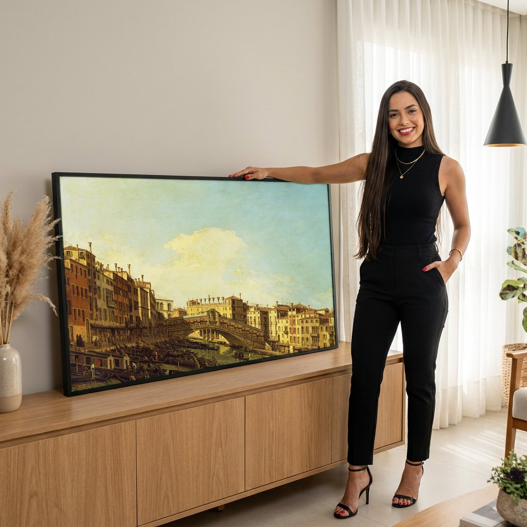 Quadro Decorativo O Grande Canal com Ponte Rialto - Canaletto com modelo em ambiente