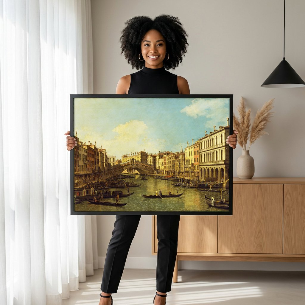 Quadro Decorativo O Grande Canal com Ponte Rialto - Canaletto com modelo em ambiente
