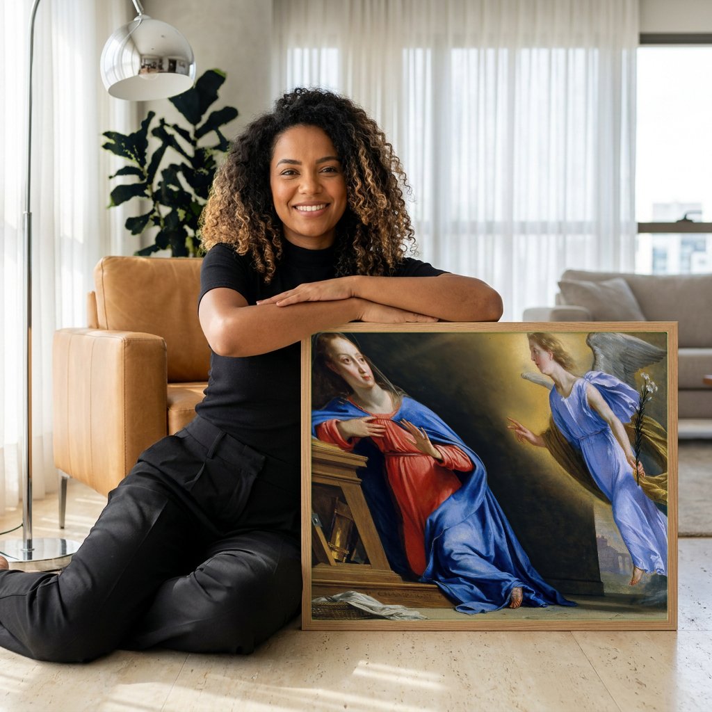 Quadro Decorativo A Anunciação - Philippe de Champaigne com modelo em ambiente