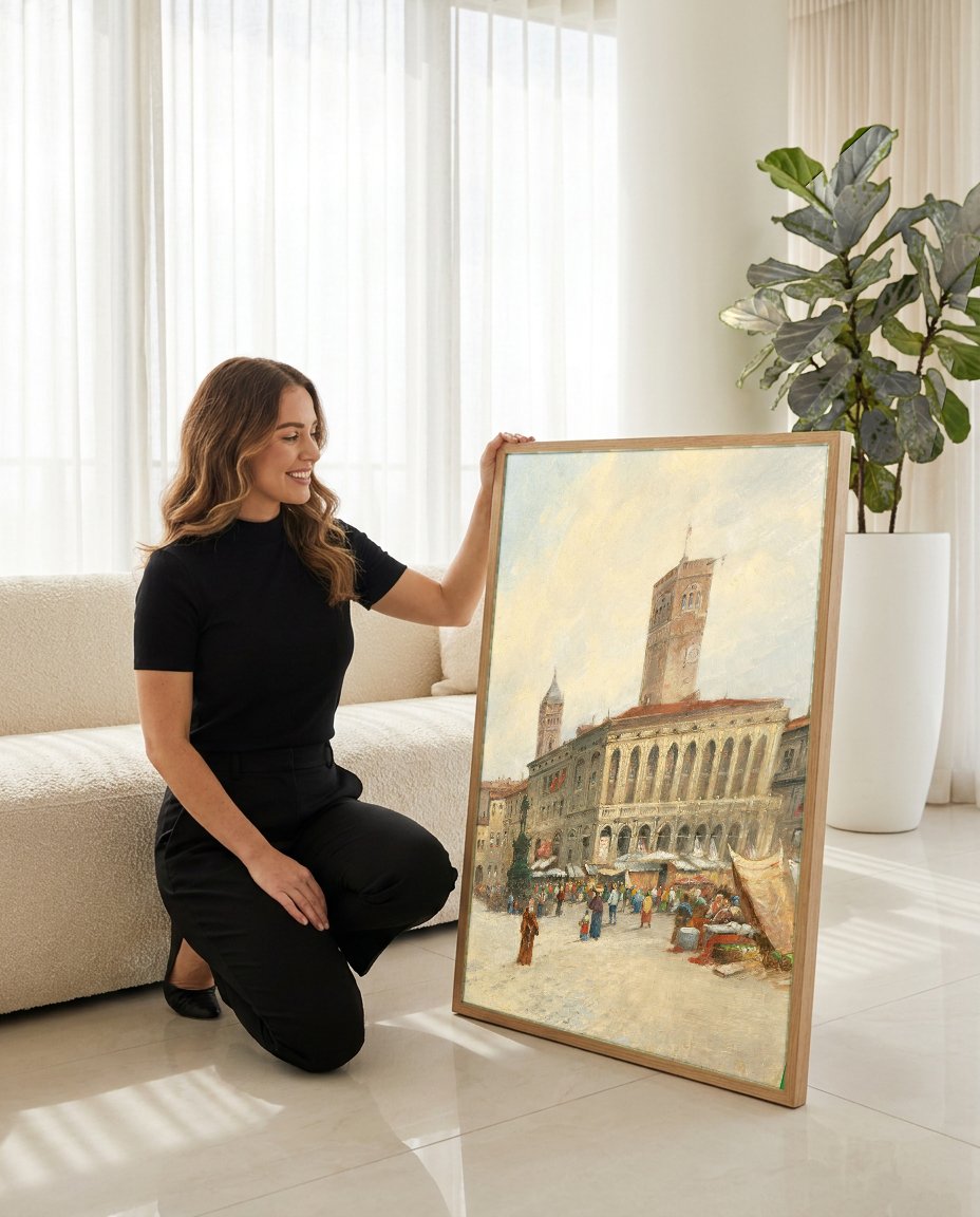 Quadro Decorativo Mercado Vibrante em Praça Italiana - Karl Kaufmann com modelo em ambiente