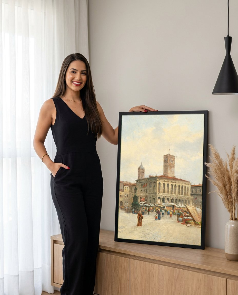 Quadro Decorativo Mercado Vibrante em Praça Italiana - Karl Kaufmann com modelo em ambiente