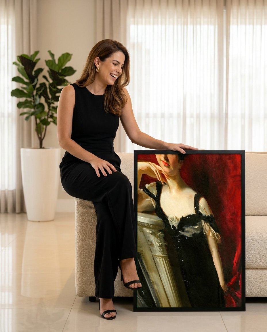 Quadro Decorativo Senhora em Vestido Preto - John Singer Sargent com modelo em ambiente