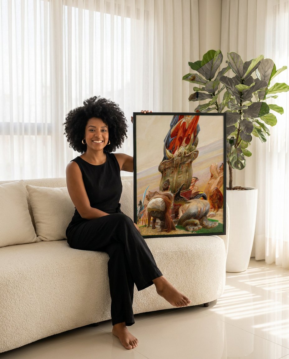 Quadro Decorativo A Fonte da Vida (ou Primavera) - Jacek Malczewski com modelo em ambiente