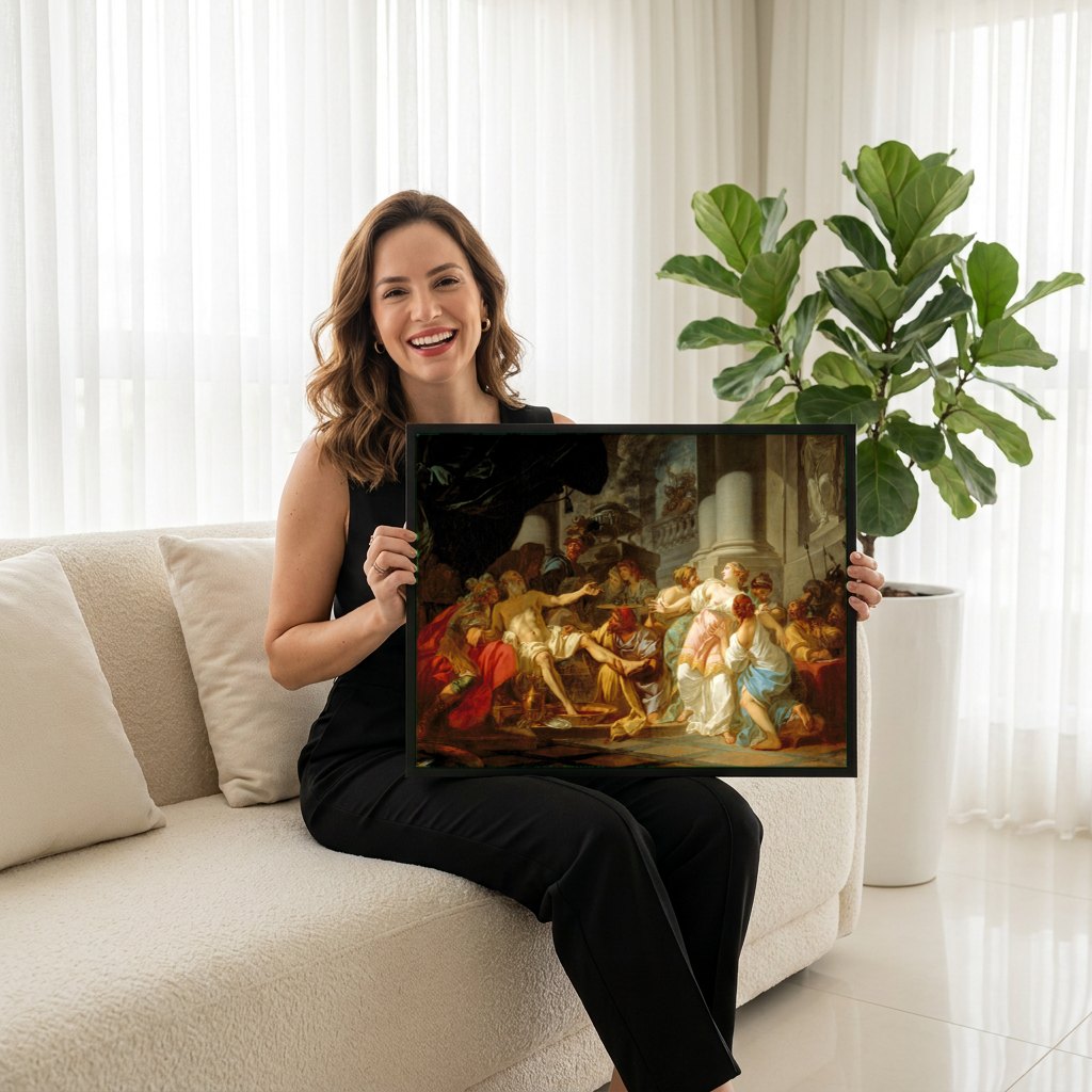 Quadro Decorativo A Morte de Sêneca - Jacques-Louis David | modelo apresentando o quadro emoldurado