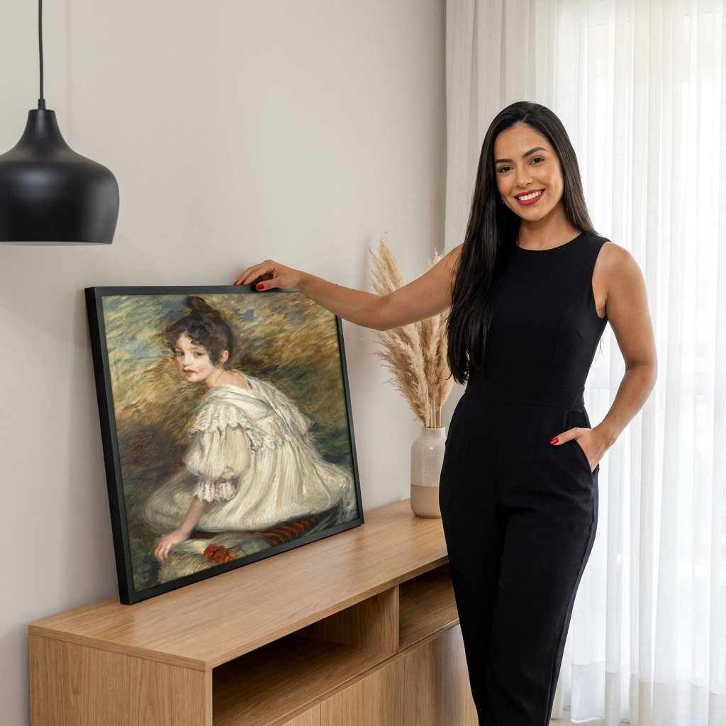 Quadro Decorativo A Jovem de Branco – Jacques Émile Blanche | modelo apresentando o quadro emoldurado
