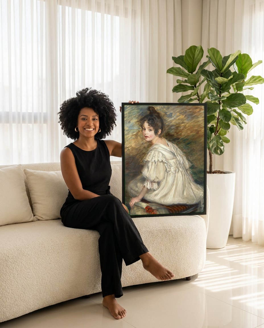 Quadro Decorativo A Jovem de Branco – Jacques Émile Blanche | modelo apresentando o quadro emoldurado