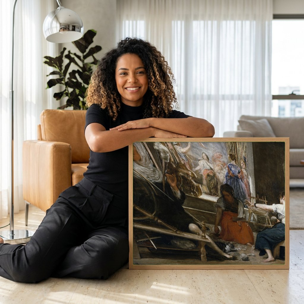 Quadro Decorativo As Fiandeiras - Velázquez com modelo em ambiente